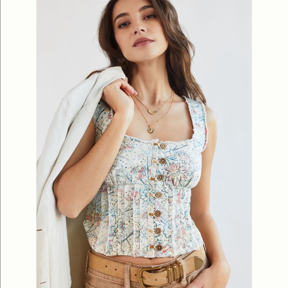 Anthropologie Floral Button-Down Blouse - Blue and Pink